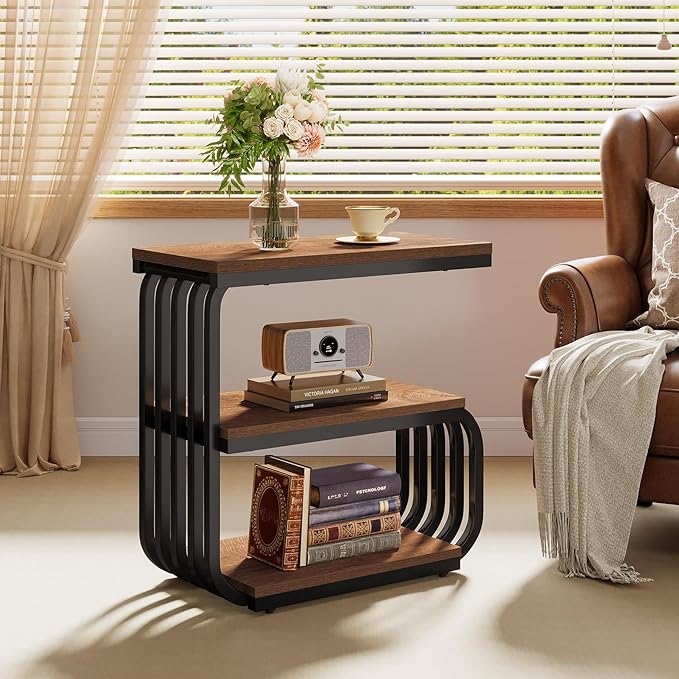 Tribesigns Small End Table, Narrow Side or Bedside Stand, 3 Tier Design Accent Table with Metal Frame, Industrial Vintage Nightstand for Living Room, or Small Spaces (2, Brown)