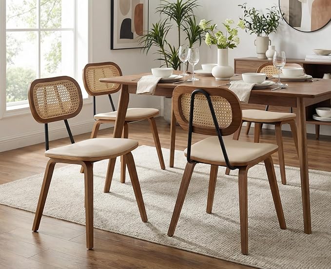 Mid-Century Dining Chairs Set of 6, PU Leather Kitchen Chairs with Rattan Backrest Wooden Legs Armless Design for Dining Room Living Room, Beige