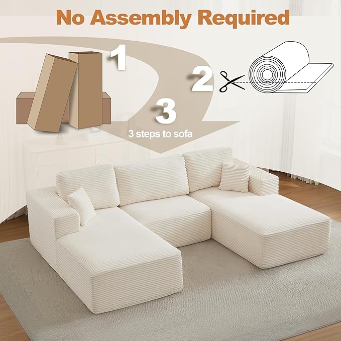 Modular Sectional Cloud Couch for Living Room,Modern Boneless Couche Set with Plush Corduroy,Comfy Floor Sofa with Memory Foam,Stupendous U Shaped Sofa,No Assembly Required,Beige