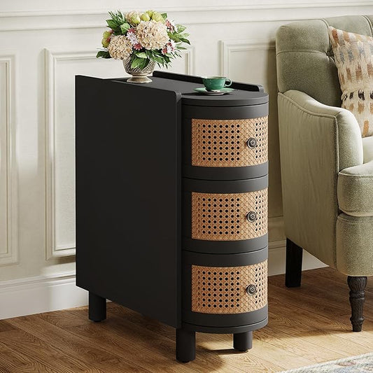 Tribesigns Solid Wood End Table, 3-Drawer Rattan Side Table, Night Stand with 3 Rattan Drawers and Exquisite Embossed Handles for Living Room, No Assembly Required (Black & Oak, 1PC)