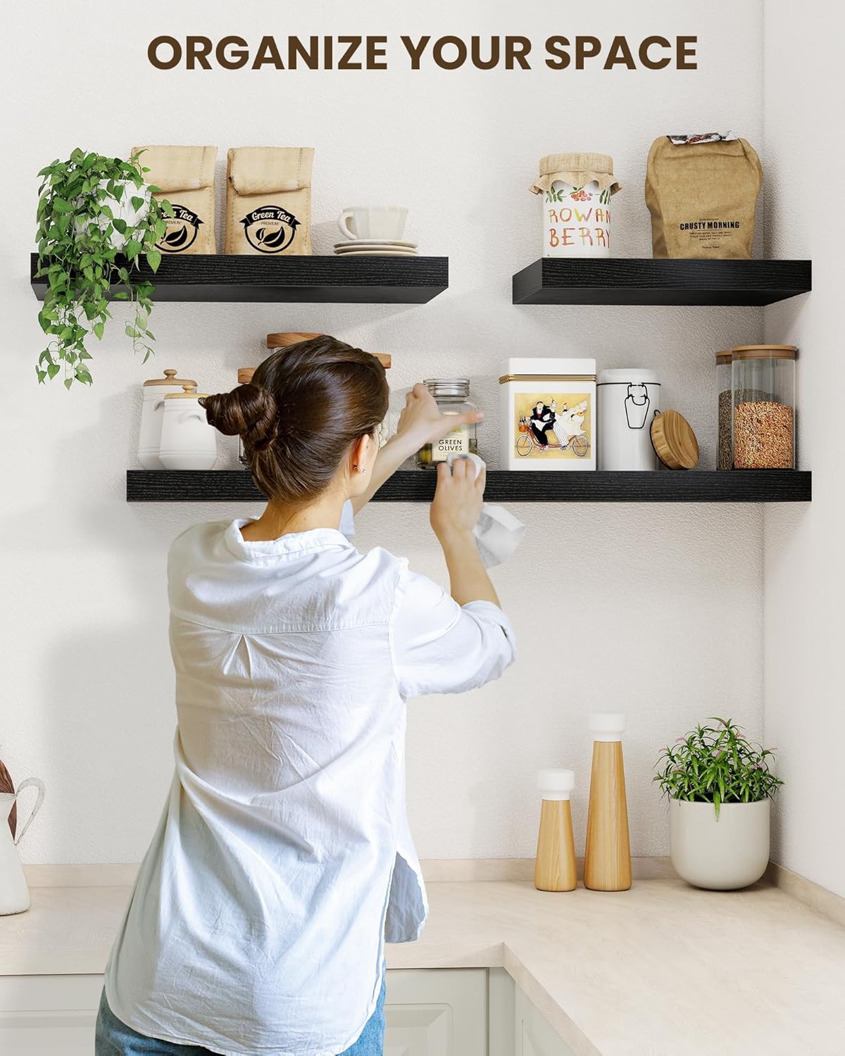 Marsmiles 30" Floating Shelves for Wall, Wooden Shelves with Invisible Brackets Set of 2, Rustic Farmhouse Wall Mounted Shelf for Kitchen Bathroom Living Room Study, Black