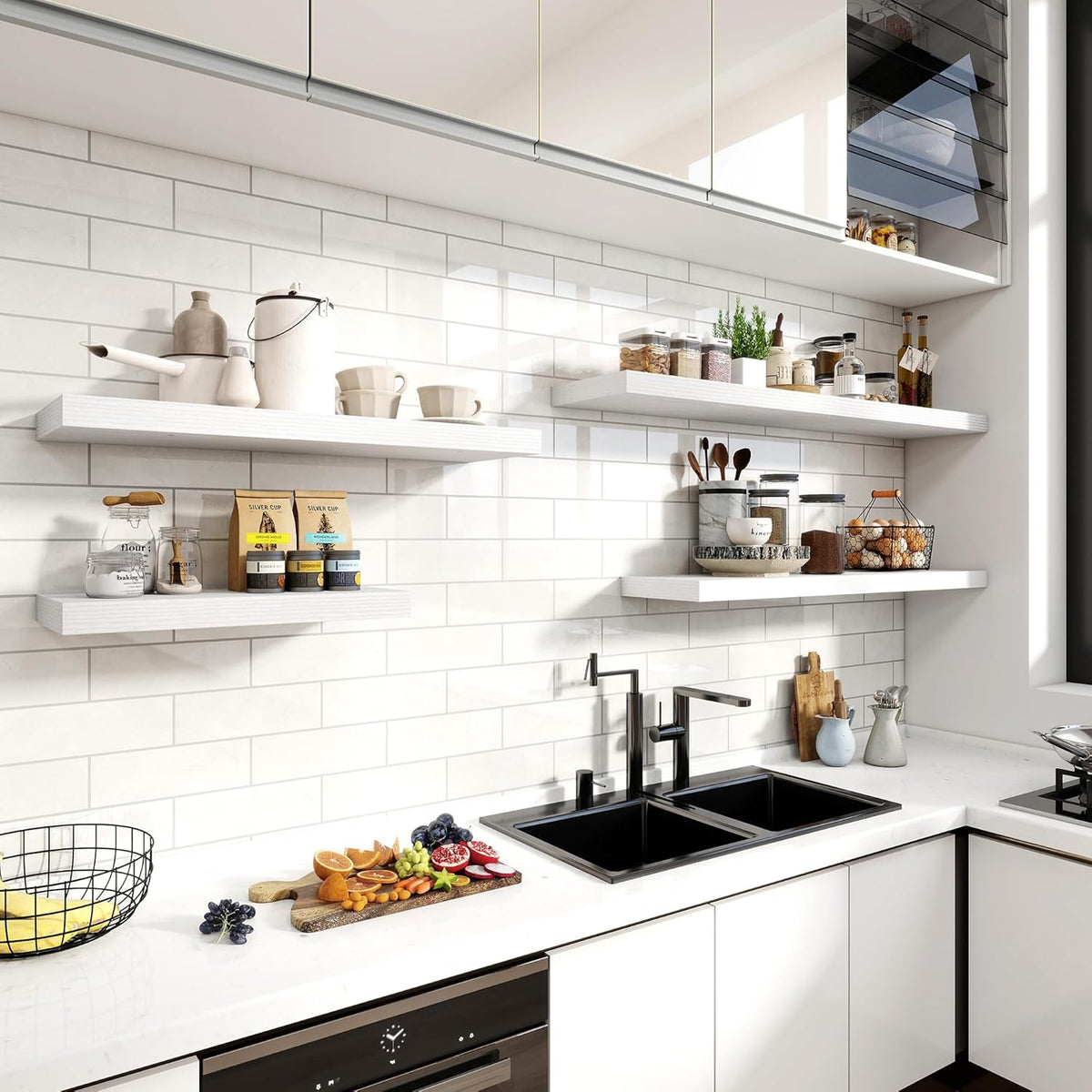 24 Inch Floating Shelves, 12 Inch Deep Floating Shelves for Wall, Floating Shelf with Invisible Brackets, Deep Shelves for Bathroom, Bedroom, Living Room, 2 Pack, White