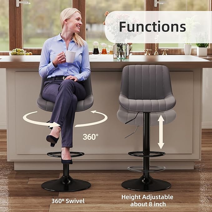 Youhauchair Bar Stools Set of 2, Swivel Counter Height Barstools with Back, Adjustable PU Leather Bar Chairs, Modern Armless Kitchen Island Stool, Dark Grey