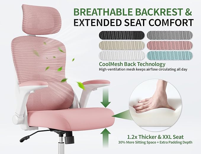 Office Chair Ergonomic Desk Chair, 4000 LBS Home Mesh Office Desk Chairs with Wheels, Computer Chair, Comfortable Gaming Chair with 3D Headrest, High Back Office Chair for Long Hours (Pink)