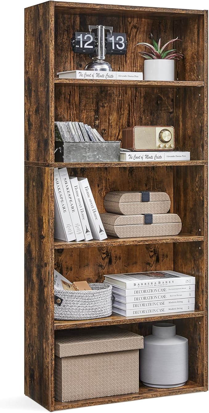 VASAGLE CUSTOS Collection - Bookshelf, 5-Tier Bookcase, Book Shelf, Open Storage Shelf, 9.4 x 23.6 x 52.8 Inches, for Living Room, Home Office, Dinning Room, Rustic Brown ULBC165X01