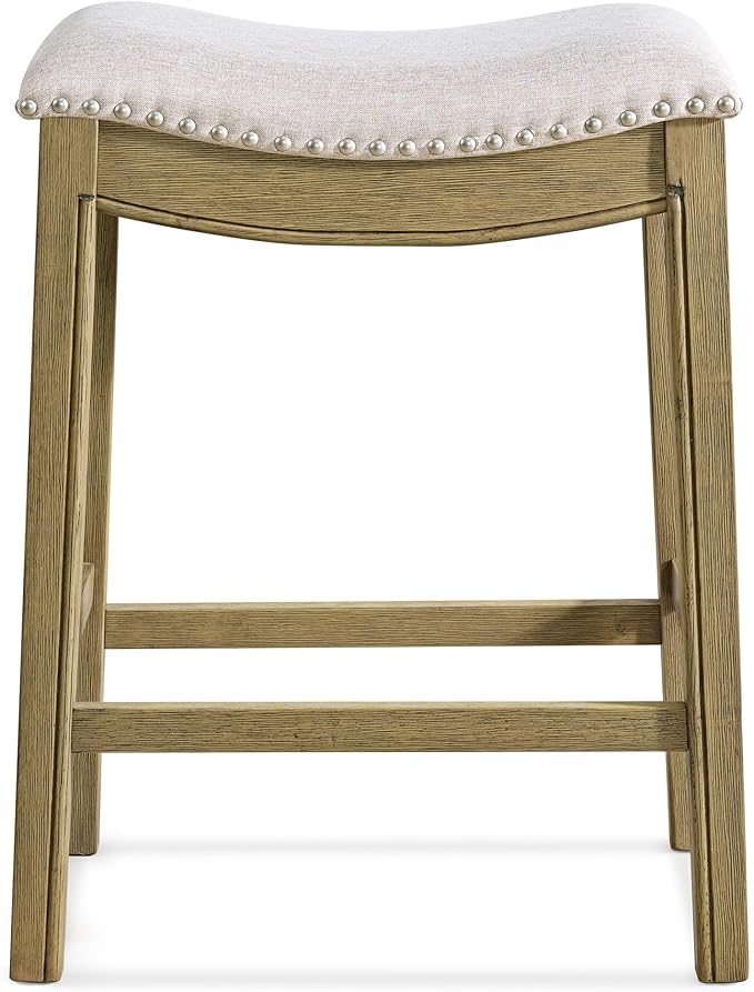 ROME + OAK Set of 2 Parker 26" Counter Stool, Backless Saddle Kitchen Barstool in Natural Wood Finish with Wheat Cream Fabric Upholstery Cushion Seat