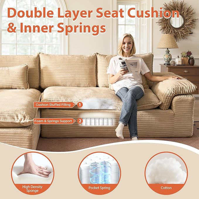 113 in Oversized Cloud Sofa with L Shape Chaise, Sectional Couches for Living Room, Assembly Free Modular Comfy Corduroy Sofa with Left Facing Chaise Longue for Home Apartment (Left Chaise, Beige)