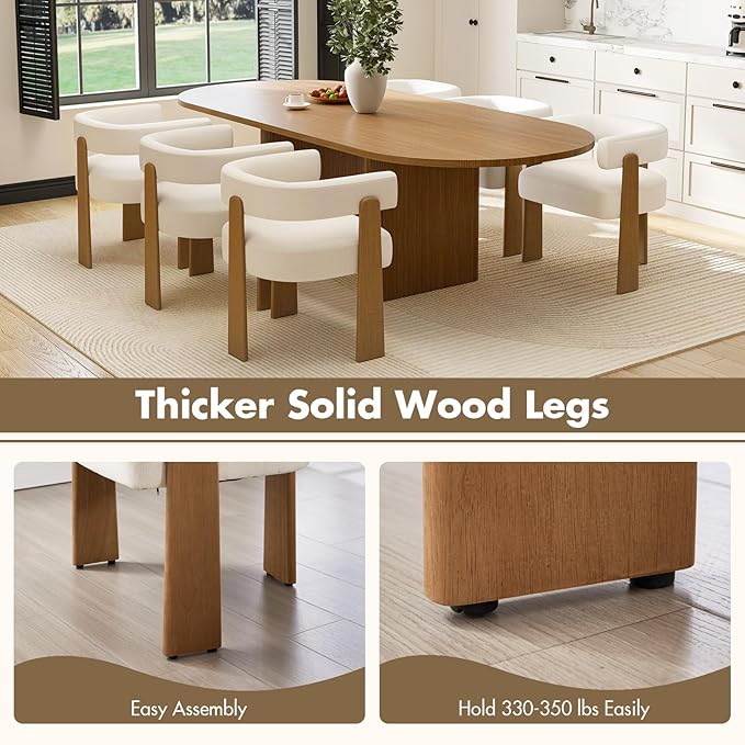 Upholstered White Velvet Dining Chairs Set of 6, Boho Modern Barrel Accent Armchairs, Thick Padded Seat & Natural Wooden Legs, Mid Century Inspired Kitchen/Dining Room Chairs, Creamy White