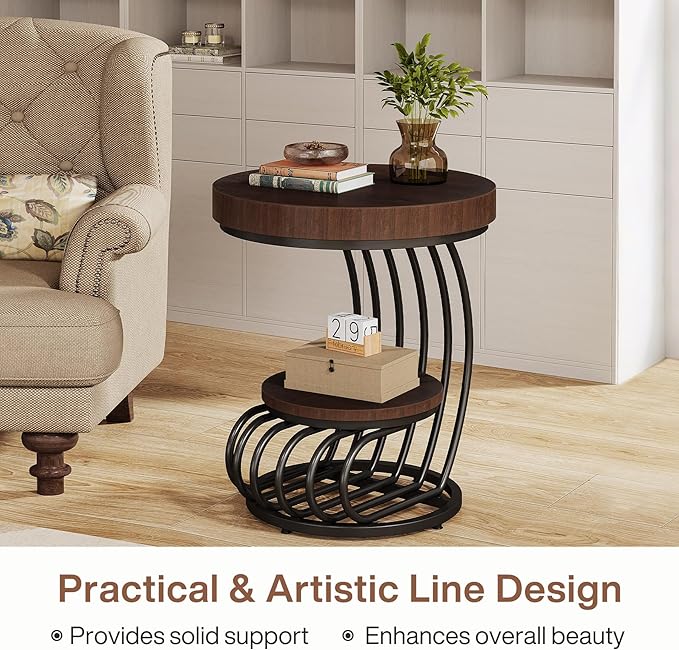 Tribesigns Round End Table, 2-Tier Farmhose Wood Side Table with Shelf Storage, Small Sofa Side Bedside Nightstand, Arc-Shaped Frame Accent Furniture for Living Room, Rustic Brown
