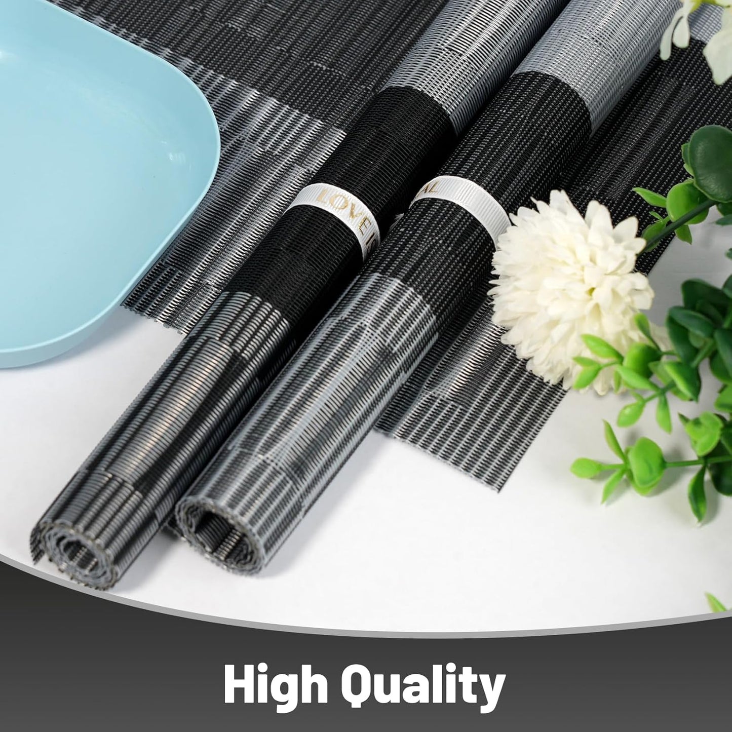 Placemats Set of 8，Non-Slip PVC Weave Table Mats Easy to Clean，Heat Resistant Place Mats for Kitchen Dining Table Decoration Indoor Outdoor，Black Gray