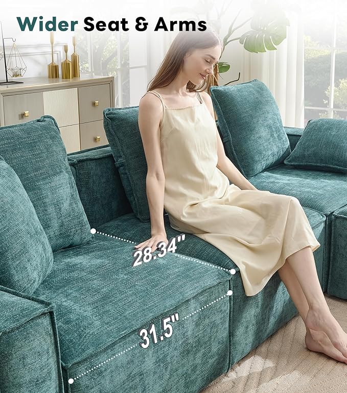 WILLOVE 78'' Modular Sectional Sofa, Chenille Cloud Couch with Wide Armrests & 4 Pillows, Deep Seat Couches for Living Room, Green