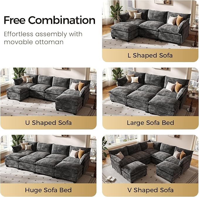 KKL 120" Modular Sectional Sofa for Living Room, U-Shaped 6 Seater Convertible L-Shaped Cloud Couch with Ottoman, Chenille Modern Sectional Couches for Living Room, Apartment, Grey