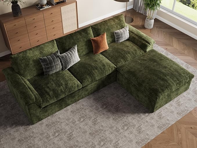 EASE MOOSE Oversized Sectional Cloud Couch for Living Room, L-Shape Modular Boneless Sofa, Cloud Sofa Set with Fluffy Foam, 4-Seat Deep Comfy Sofa with Ottoman for Bedroom Apartment, Chenille (Green)