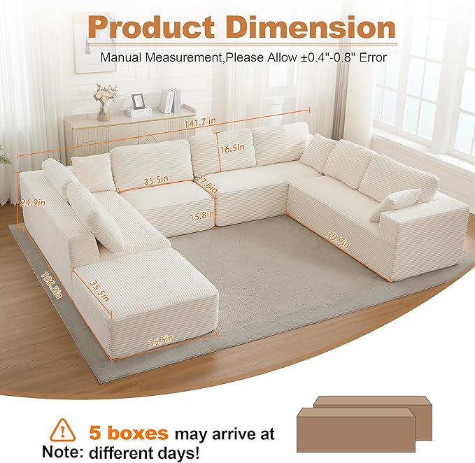 Modular Sectional Cloud Couch for Living Room,Modern Boneless Couche Set with Plush Corduroy,Comfy Floor Sofa with Memory Foam,Stupendous U Shaped Sofa with Chaise,No Assembly Required,Beige