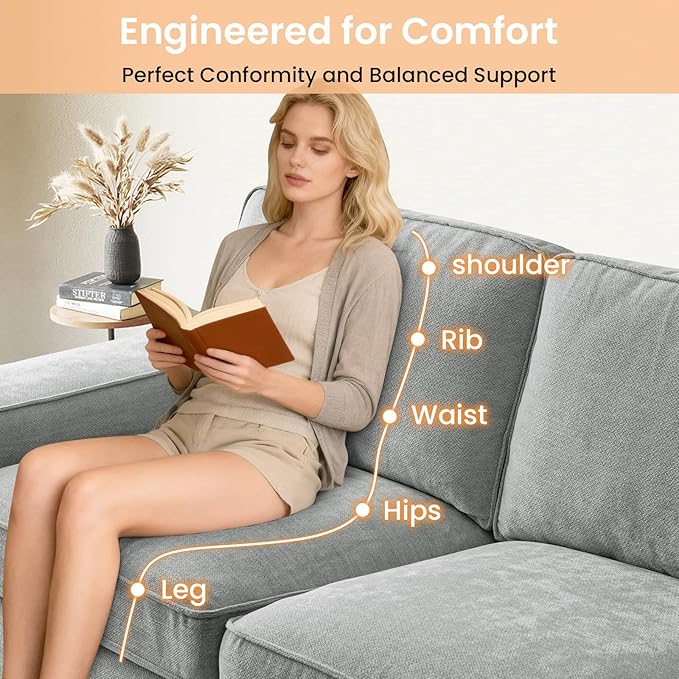 RISAR 88.58" Modern Sofa for Living Room, Chenille Couch with Removable Cover & Spring Cushions, Solid Wood Frame, Easy Assembly for Small Spaces (Light Gray)