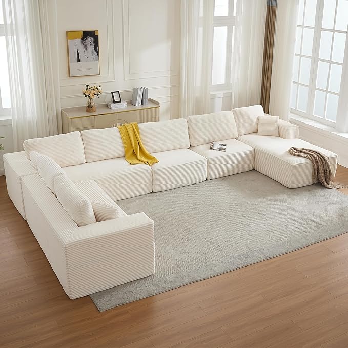 Modular Sectional Cloud Couch for Living Room,Modern Boneless Couche Set with Plush Corduroy,Comfy Floor Sofa with Memory Foam,Stupendous U Shaped Sofa with Chaise,No Assembly Required,Beige