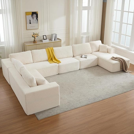 Modular Sectional Cloud Couch for Living Room,Modern Boneless Couche Set with Plush Corduroy,Comfy Floor Sofa with Memory Foam,Stupendous U Shaped Sofa with Chaise,No Assembly Required,Beige