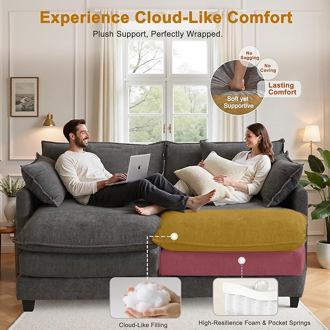 Expandable L-Shaped Sectional Sofa with Ottoman for Apartments, 77" Cloud Chenille Sofa, Create a U-Shape Layout with Optional 2nd Ottoman, Solid Wood Frame, Easy Assembly