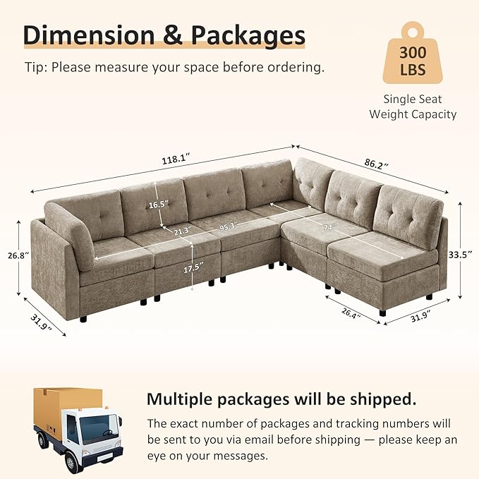 VANOMi 6 Seat Modular Cloud Sofa, 118" Convertible Sectional Cloud Sofas & Couches for Living Room, Comfy Chenille Sectional Couch Sofa for Living Room, Apartment, Office, Camel, L/U Shaped