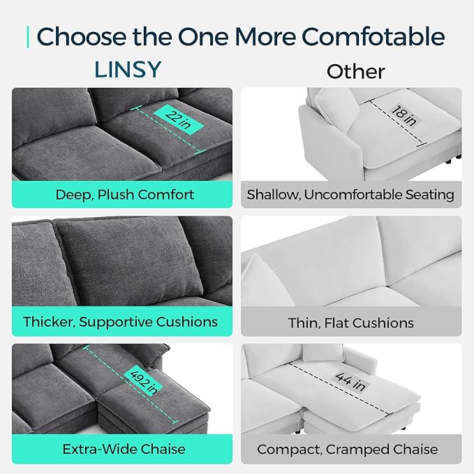 LINSY HOME Sleeper Sofa Bed, 115" Modular Sectional Sofa Bed with Double Layer Cushious, Comfy Cloud Sofa Couches for Living Room, Apartment, Home Theater, Grey