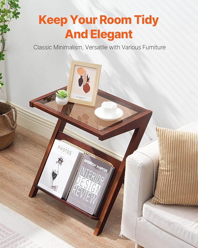 VEVOR End Table, Z-Shaped Rattan Woven Bamboo Coffee Table with Tempered Glass Top, 20” Modern Boho Storage Coffee Table with Natural Bamboo Legs, for Living Room, Bedroom & Small Spaces