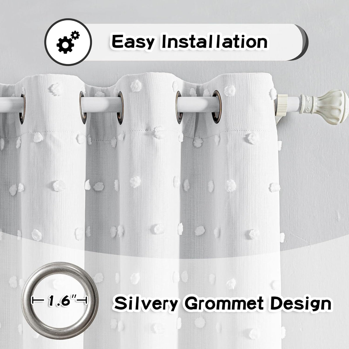 MYSKY HOME 100% Blackout Curtains for Bedroom White Blackout Curtains 63 Inches Long Thermal Insulated 2 Panels Short Kitchen Curtains with White Pom Pom Sheer Room Darkening Grommet, 52 x 63 Inch