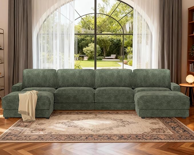Sunny Heart 160" U-Shaped Modular Sectional Sofa, Oversized Cloud Couch with Movable Ottoman, 6-Seat Chenille Deep Seat Sofa with Pillow, Sectional Couches for Living Room, Apartment, Green