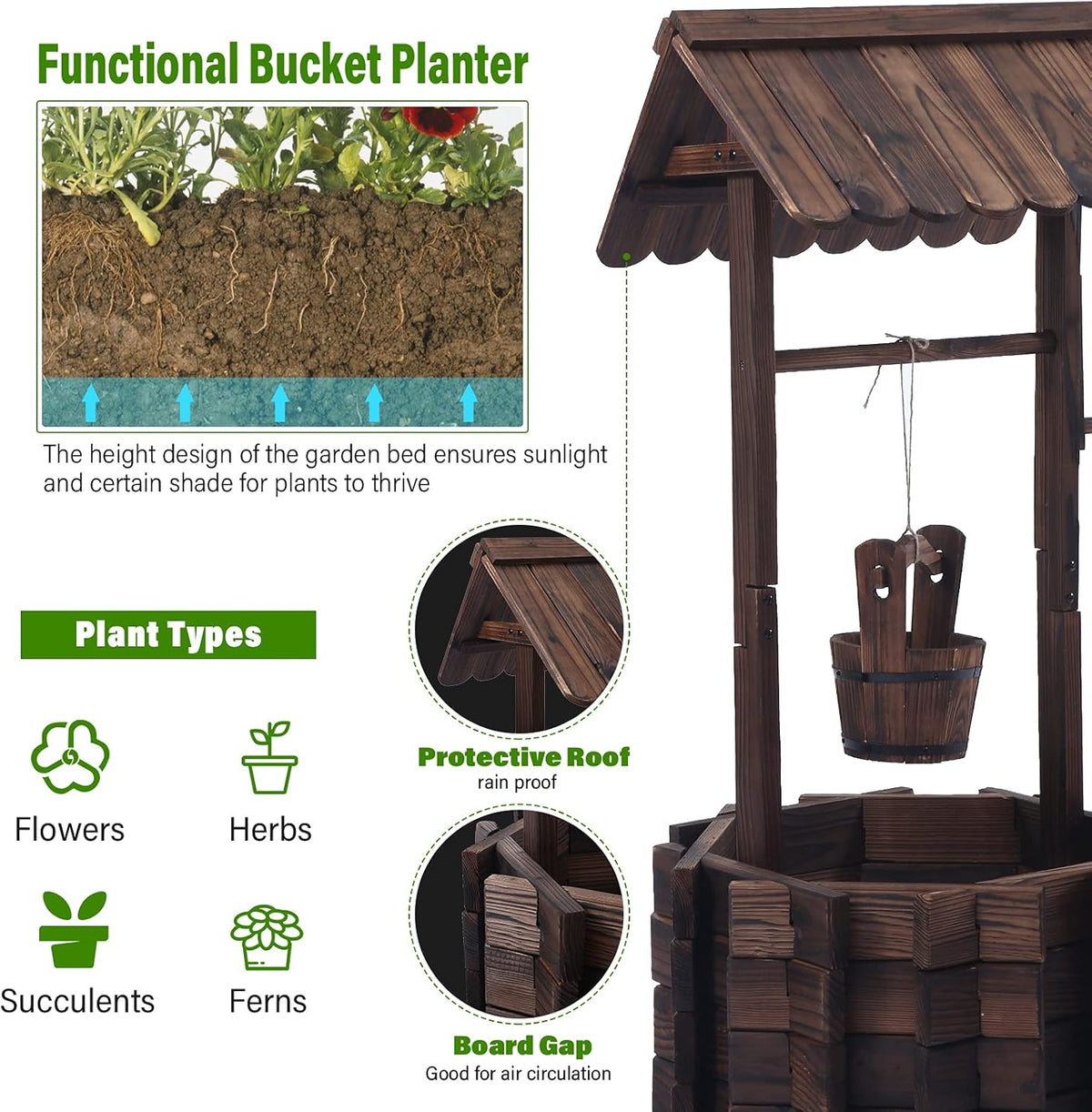 Garden Wooden Decor Rustic Wishing Well Planter Outdoor Home Décor for Patio, Upgrade Wishing Well Garden, Yard Hanging Bucket Patio Lawn Backyard Home Decor