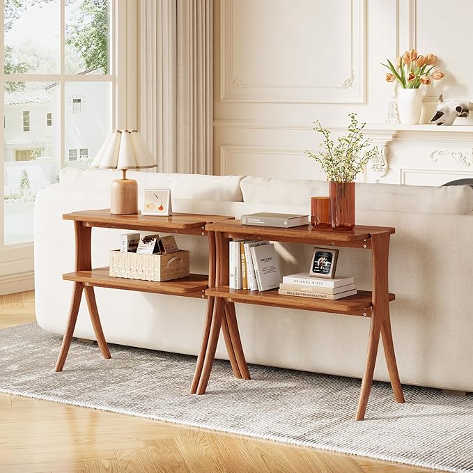 LITTLE TREE Narrow Side Table, 2-Tier Farmhouse End Table with Solid Wood Legs, Small Side Table, Space-Saver for Living Room, Bedroom, Entryway (Walnut)