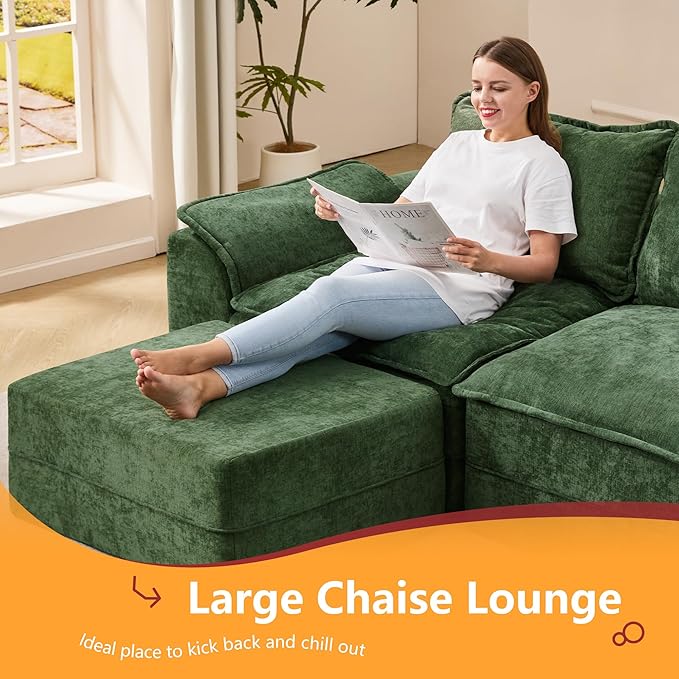 Hobestluk 152" Cloud Modular Sectional Couch 4-Seater Sofa with Ottomans U Shaped Couch Deep Seat Sofa with Removable Cover for Living Room (Green, 4-Seater Sofa with Two Ottomans)