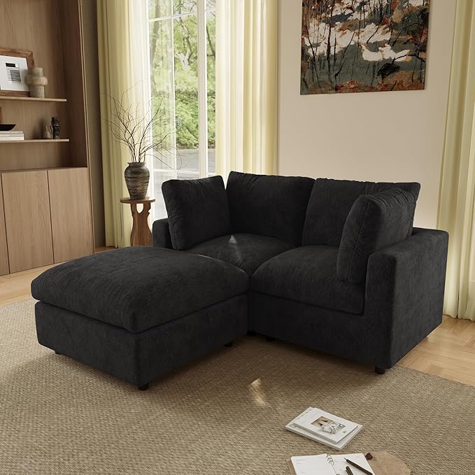 WJShome Sectional Couches for Living Room, 67 Inch Loveseat Sofa with Ottoman, Modern Chenille Fabric & Double Layer Cushions, Modular Couch for Apartment/Bedroom，Black