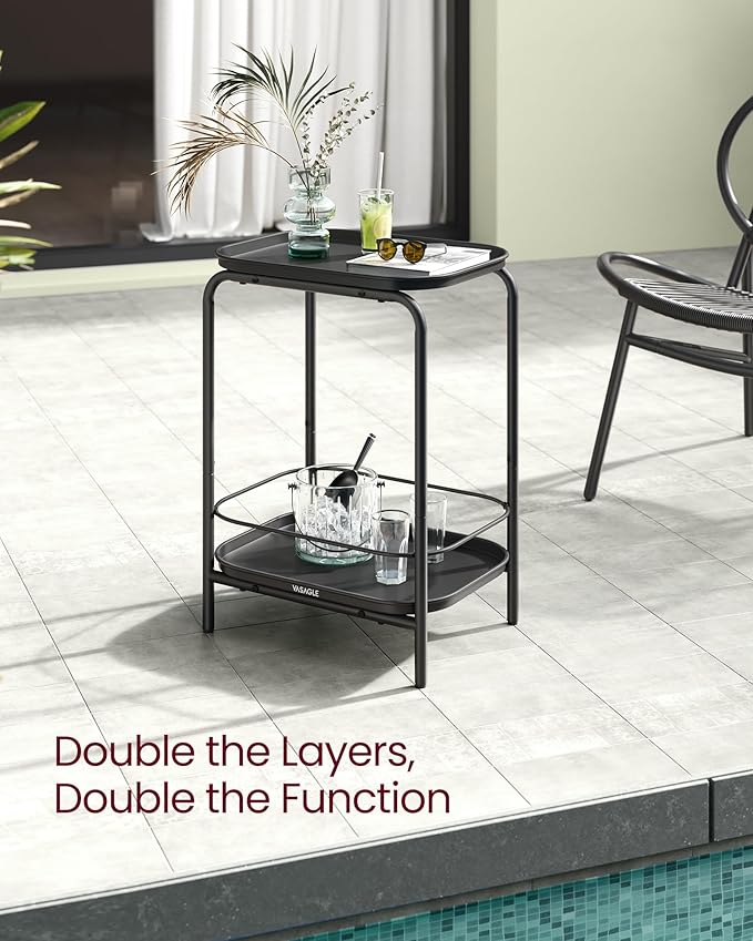 VASAGLE 2-Tier Outdoor Table, Small Side End Table with Tray Storage, Bedside Nightstand for Living Room, Bedroom, Modern Style, Ink Black ULET243B01
