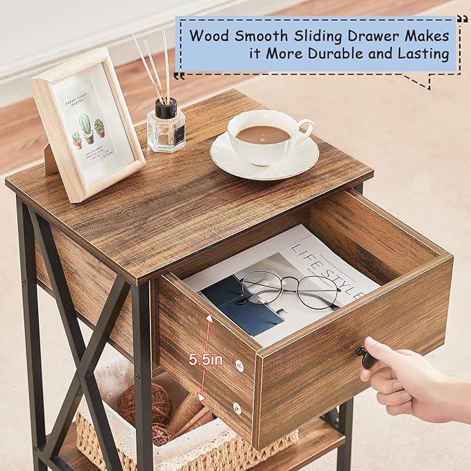 VECELO End Tables, Modern Nightstand with Drawer & Shelf, Night Stand for Bedroom Living Room,Industrial Metal Frame