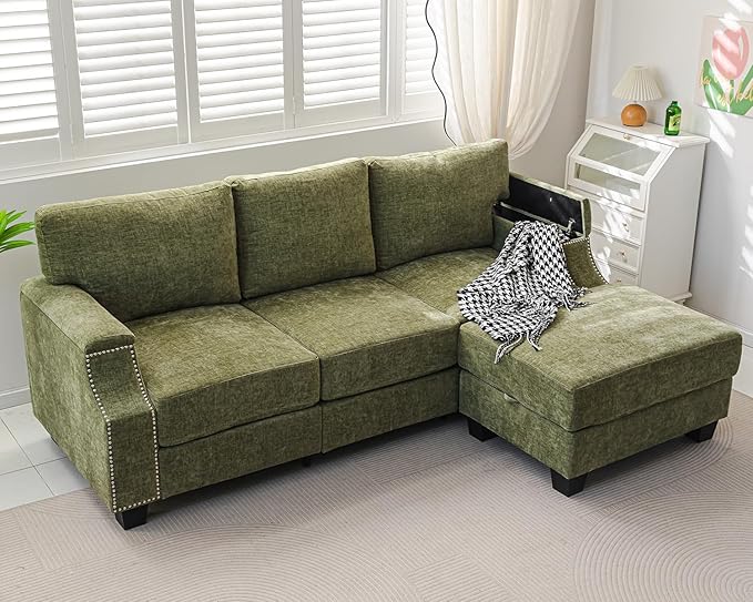 85" Sectional Couches with Storage Ottoman,L Shaped Couch with Armrest Organizer,3-Seater Sofa,Small Sofas for Living Room,Apartment,Sofa Set with Oversized Chair,Chenille,Green