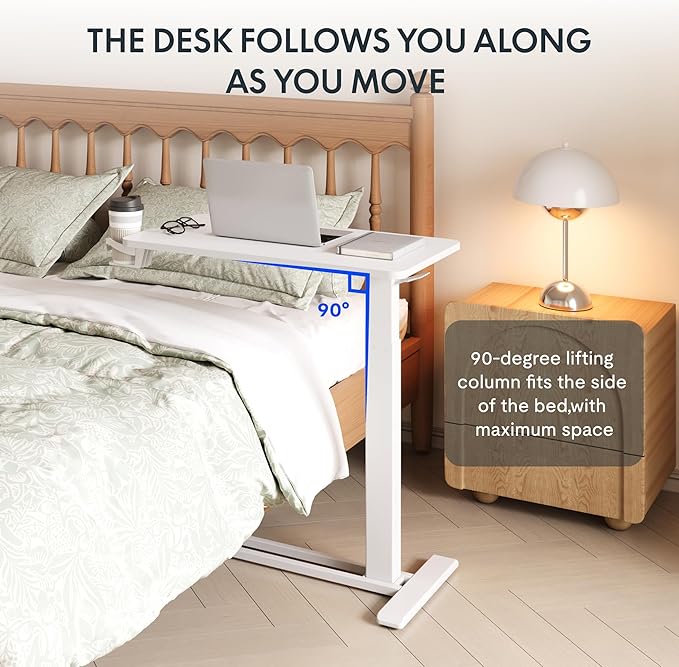 FLEXISPOT Adjustable C Table with Wheels, Mobile Snack Side End Table Sofa Couch Bedside Table Laptop Rolling Cart TV Tray Night Stand Small Space Side Table,(27.6" W x 15.7" D,White)