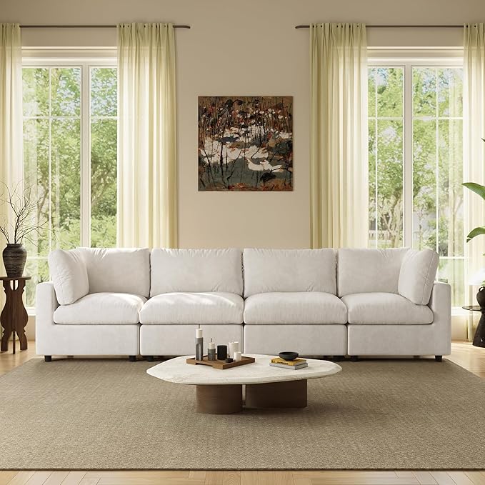 WJShome Modern Sectional Sofa 134 Inch 4-Seater Cloud Couch with Chenille Deep Seat Couches for Living Room, Bedroom and Apartment，Beige