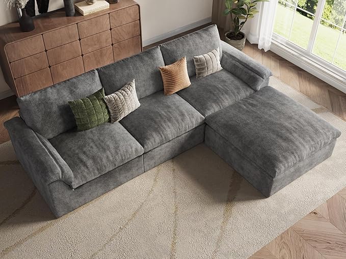 EASE MOOSE Oversized Sectional Cloud Couch for Living Room, L-Shaped Modular Boneless Sofa, Cloud Sofa Set with Fluffy Foam, 4-Seat Deep Comfy Sofa with Ottoman for Bedroom Apartment, Chenille (Grey)