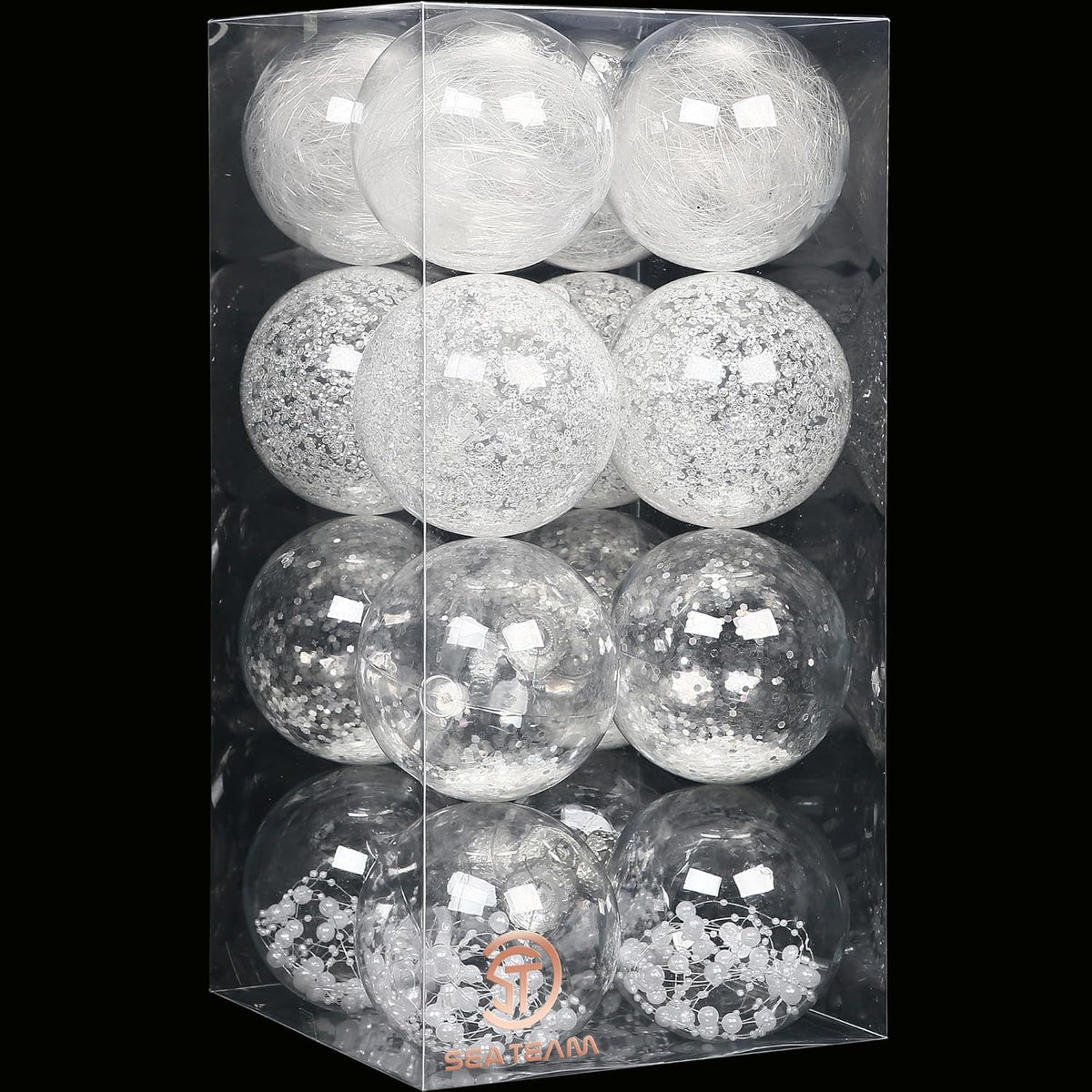 Sea Team Shatterproof Clear Plastic Christmas Ball Ornaments Decorative Xmas Balls Baubles Set with Stuffed Delicate Decorations (100mm/3.94''/16-Pack, White)