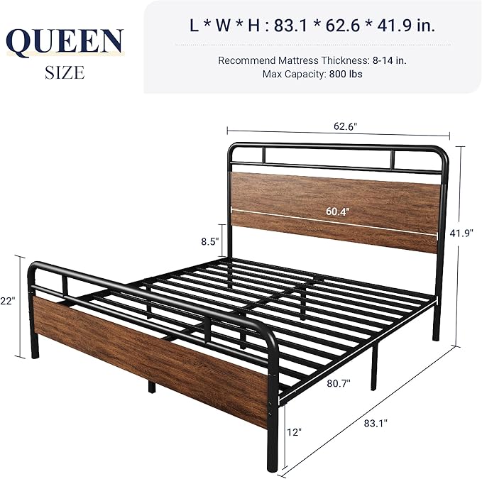 Allewie Queen Size Platform Bed Frame with Wooden Headboard and Footboard, Heavy Duty 13 Metal Slats Support, Under-Bed Storage, No Box Spring Needed, Noise Free, Easy Assembly, Walnut