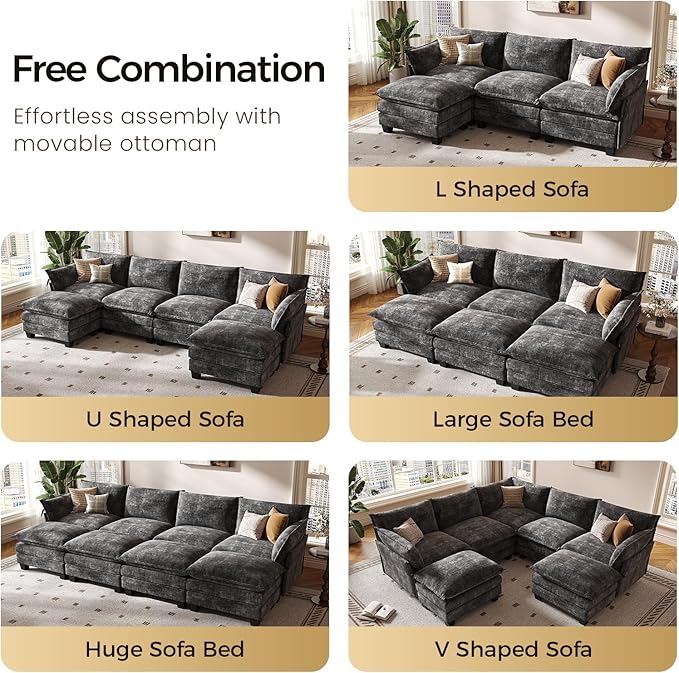 KKL 91.3" Large Modular Sectional Sofa Bed, 6 Seater Convertible J/L-Shaped Sleeper Cloud Couch with Ottoman, Chenille Sectional Couches for Living Room, Apartment, Grey