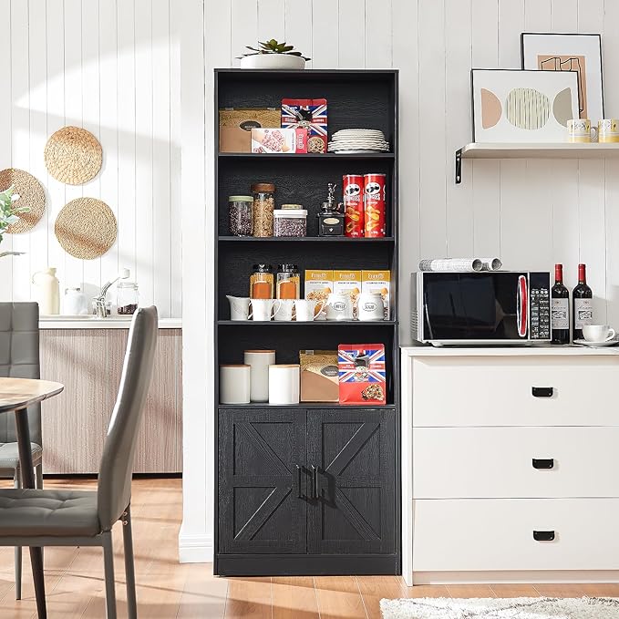 70in Tall Bookshelf 6 Tier Bookcase with Barn Doors and Adjustable Shelf, Black Farmhouse Book Shelves with Storage Cabinet,Wood Floor Standing Display Bookshelve for Bedroom,Living Room,Kitchen