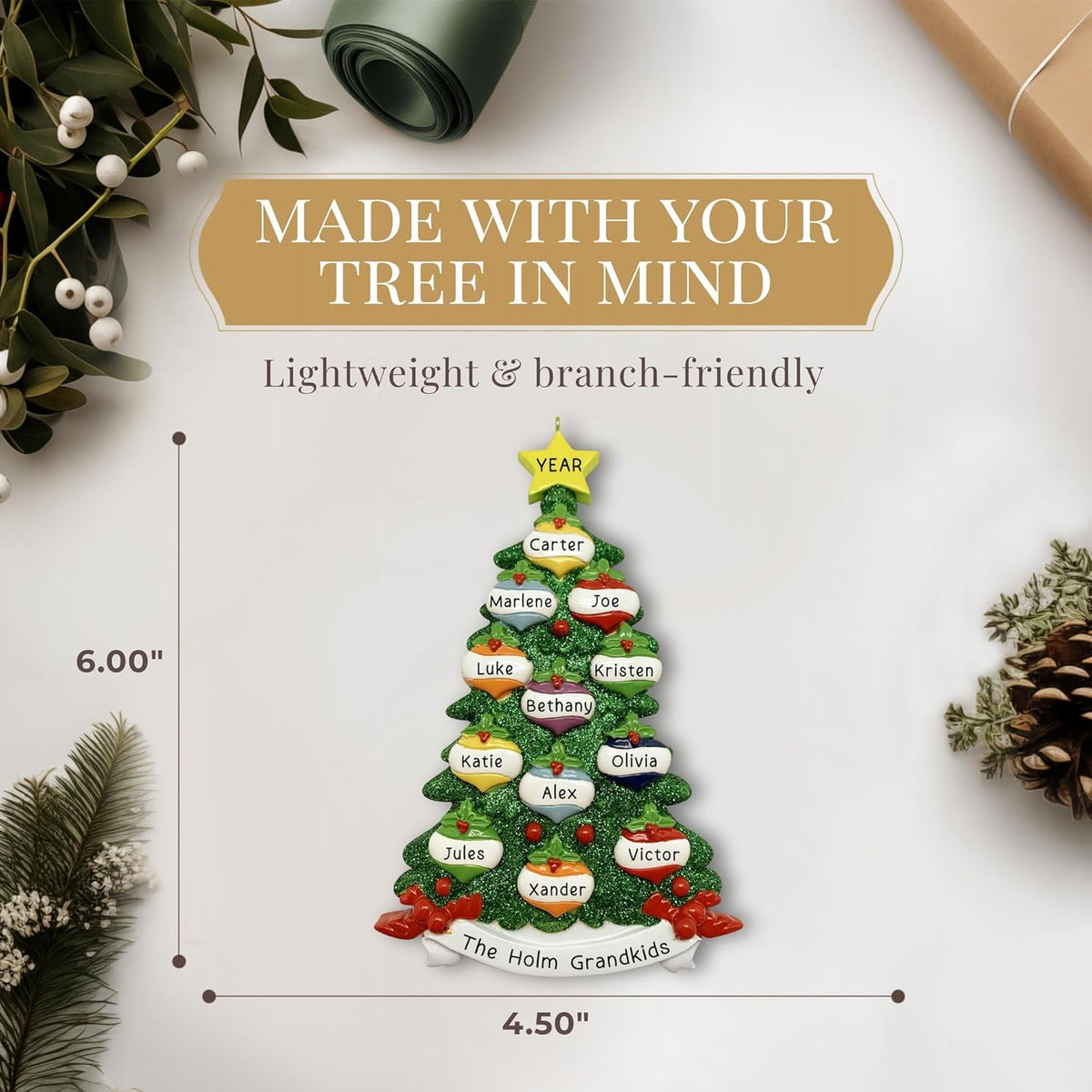 Personalized Large Family of 12 Ornament 2025 | Free 24h Customization | Christmas Ornaments for Tree | Custom Gift Wrapped Green Glitter Keepsake for Twelve Persons