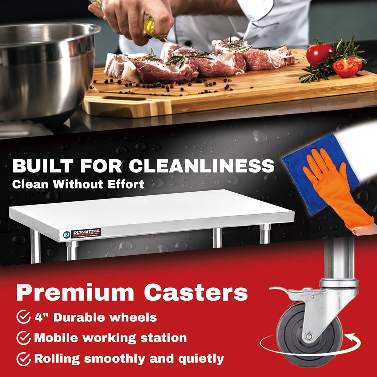 DuraSteel 30x12 NSF Stainless Steel Cart - Heavy Duty Rolling Food Prep Table with Undershelf - Metal Utility Cart for Commercial Restaurant Kitchen, Laundry, Side Mixer Stand