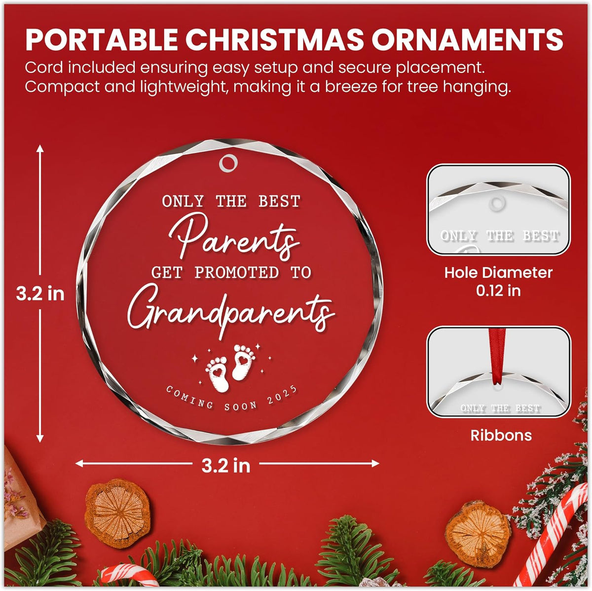 OASSIE Pregnancy Announcement for Grandparents - Christmas Ornaments 2025, Promoted to Grandpa, Grandma, First Time Grandma, Grandpa Gifts for Grandparents - Christmas Decorations Glass Ornaments