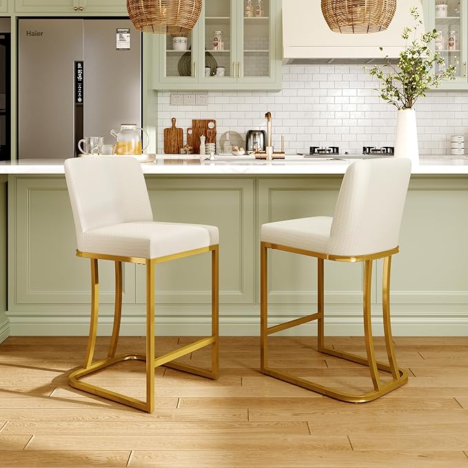 MAISON ARTS Bar Stools Set of 2, 24 Inch Counter Height Barstools with Back, Modern Upholstered Faux Leather Bar Chairs for Kitchen Island Home Bar, Gold Metal Frame, Footrest, Off White