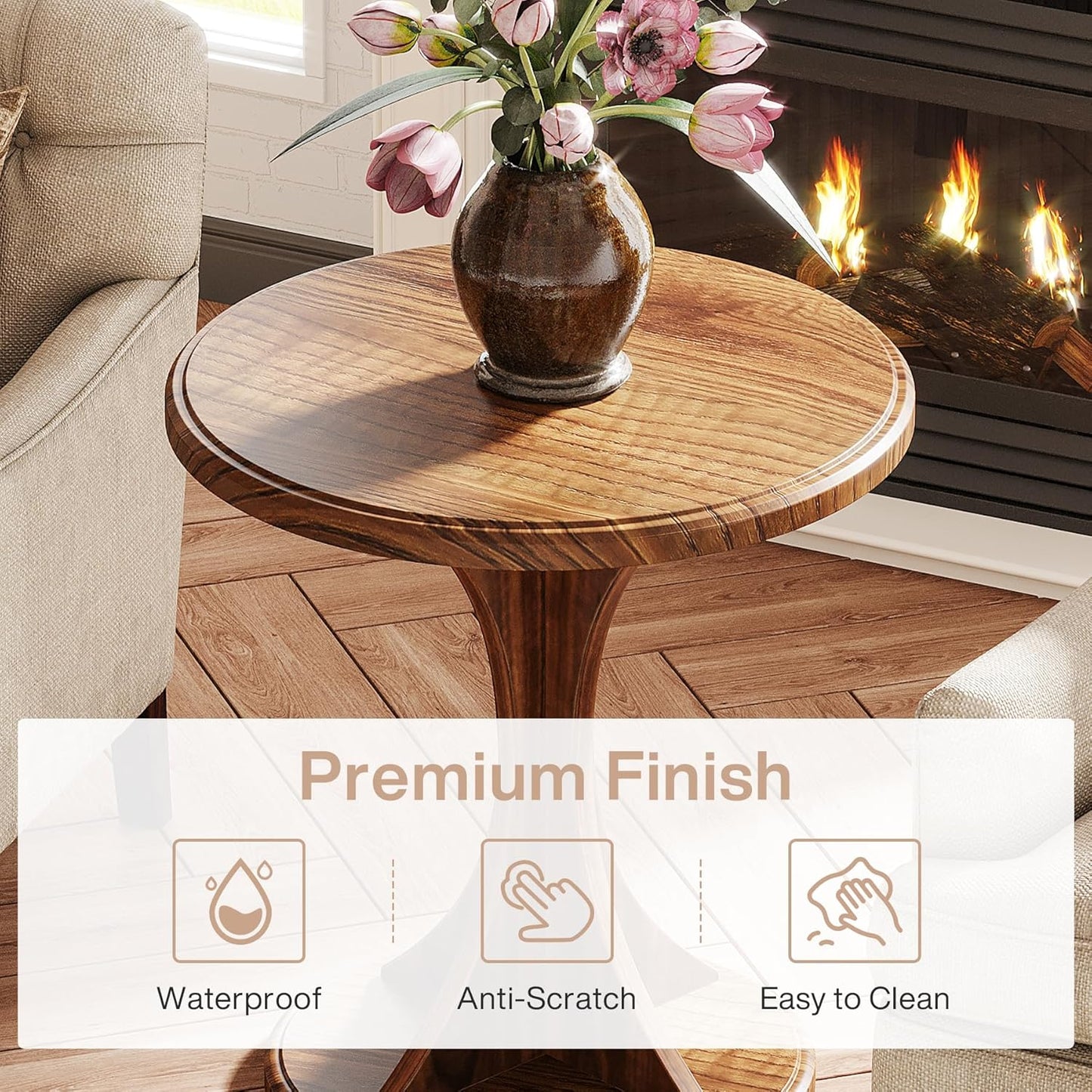 Tribesigns Round End Side Table: Wood Small Sofa Chair Side Table for Living Room, Mid-Century Bedside Nightstand for Bedroom, Accent Table, Easy Assembly, Vintage Brown