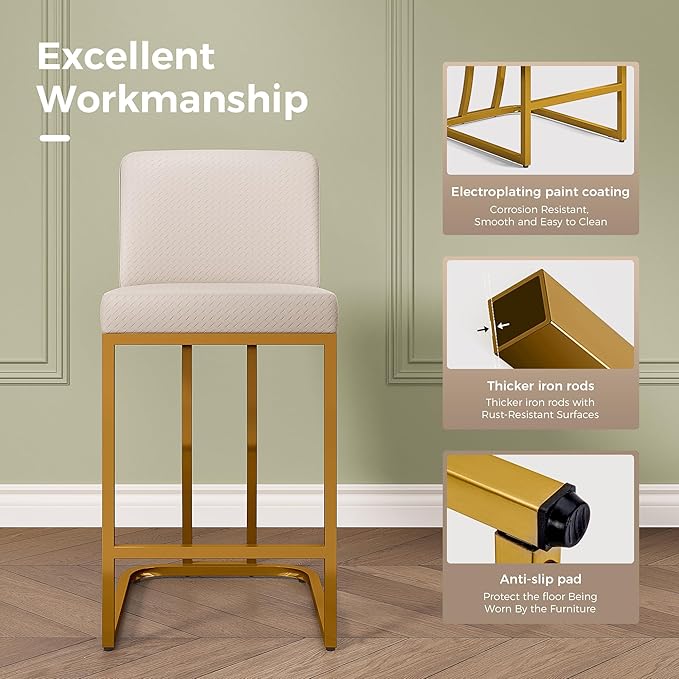 MAISON ARTS Off White 24 Inch Bar Stool with Back for Kitchen Counter, Metal Frame, Faux Leather Seat, Stain & Scratch Resistant, Easy Assemble, Max Load 330 lbs