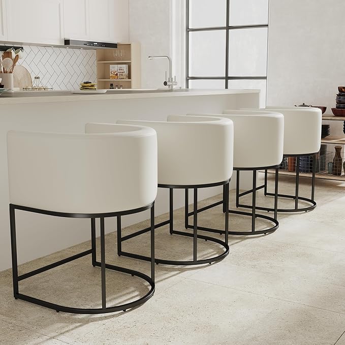PU Leather Bar Stools Set of 4, Modern Upholstered Counter Height Bar stools 24" Leather Barstools Barrel Kitchen Counter Island Stools with Black Metal Base, White