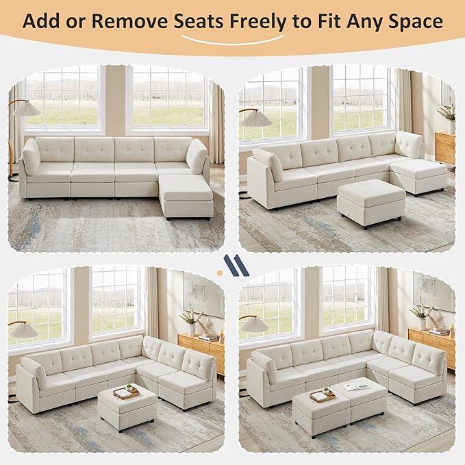 VANOMi 5 Seat Modular Sectional Sofa with Ottoman, Convertible Modular Cloud Sofa Bed, Comfy Chenille Sofas & Couches for Living Room, Apartment, Office, Beige, Sofa Bed