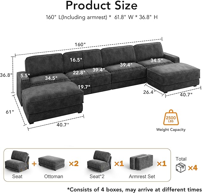 Sunny Heart 160" U-Shaped Modular Sectional Sofa, Oversized Cloud Couch with Movable Ottoman, 6-Seat Chenille Deep Seat Sofa with Pillow, Sectional Couches for Living Room, Apartment, Dark Grey